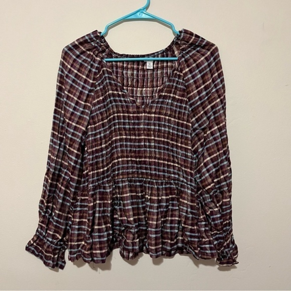 cato | brown / multicolor gingham plaid peasant blouse | medium